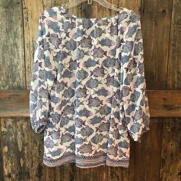 Charming M BOHO White Lightweight Lace up Fish Pattern Swim Cover-Up - Picture 3 of 8